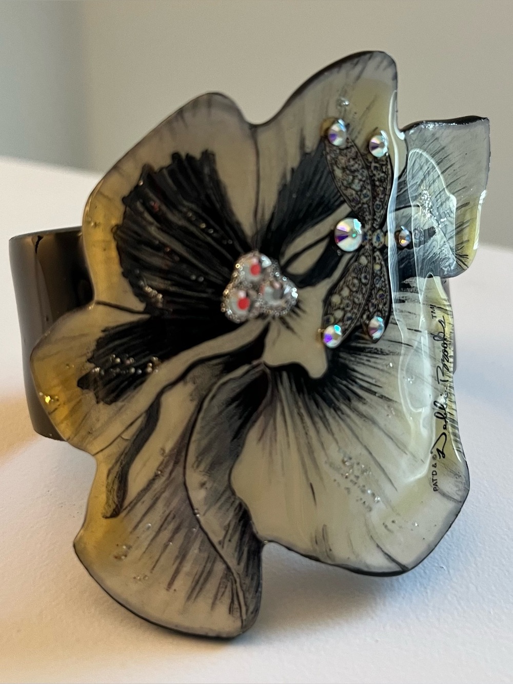 Debbie Brooks Orchid Dragonfly Acrylic Bracelet Wide Cuff Crystals Bling NWT